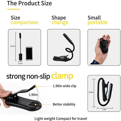 Flexible black led book light for bedroom rechargeable reading lamp