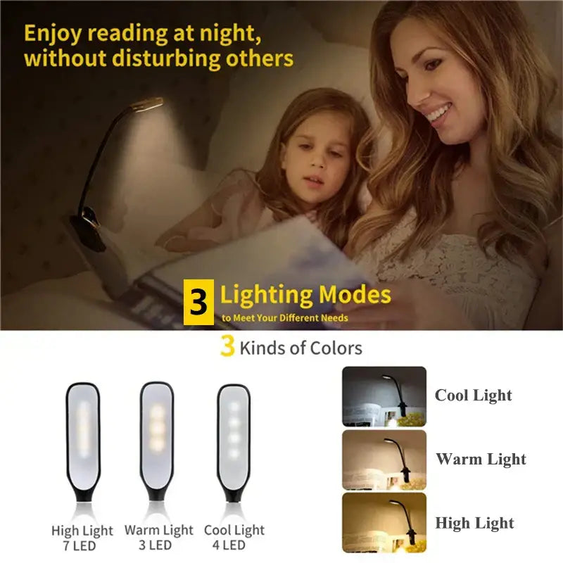 Flexible black led book light for bedroom rechargeable reading lamp