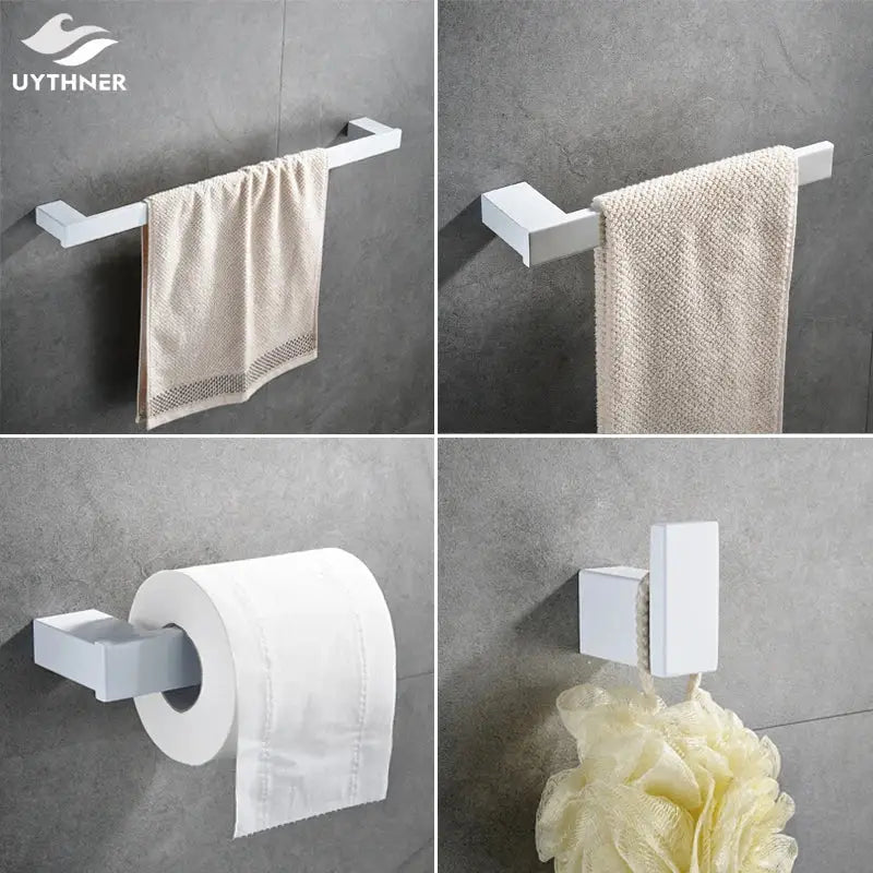 Modern white rectangular 7-piece bathroom hardware set