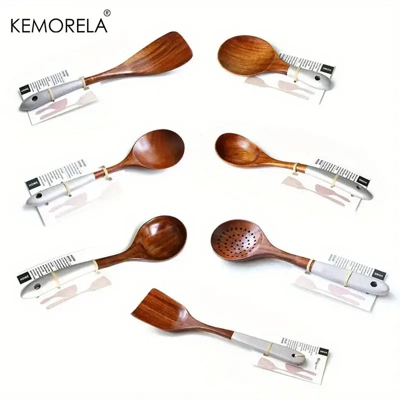 Thai wooden cooking utensil set with silver handles kitchen tableware