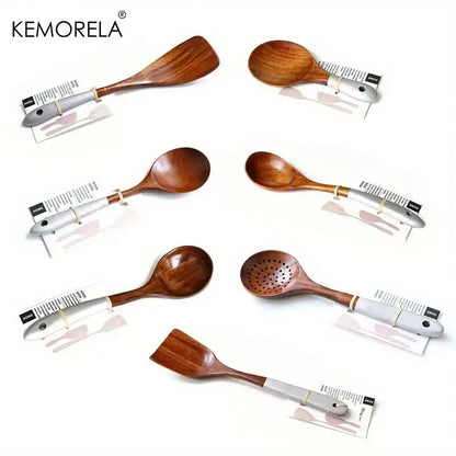 Thai wooden cooking utensil set with silver handles kitchen tableware