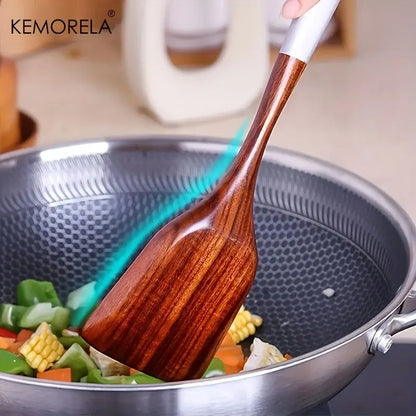 Thai wooden cooking utensil set with silver handles kitchen tableware