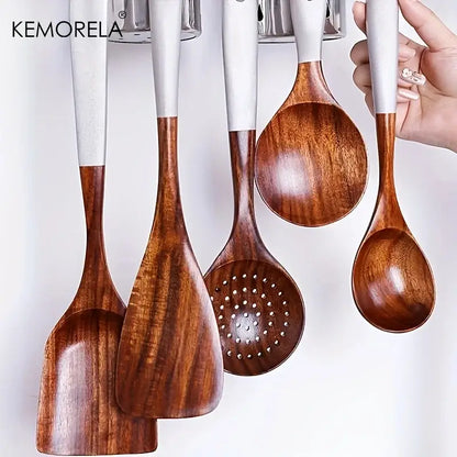 Thai wooden cooking utensil set with silver handles kitchen tableware