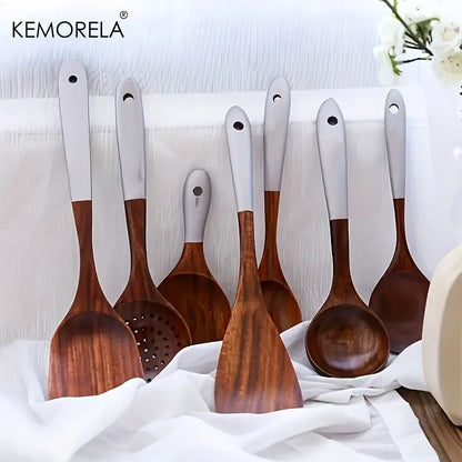 Thai wooden cooking utensil set with silver handles kitchen tableware