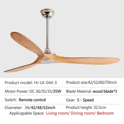 Industrial gray wood dc ceiling fan with remote control for living room