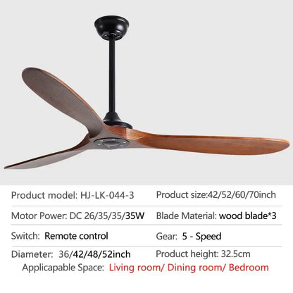 Industrial gray wood dc ceiling fan with remote control for living room
