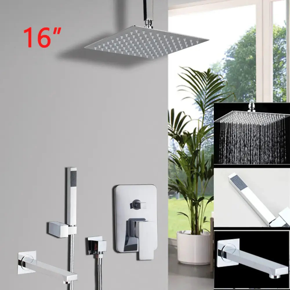 Modern square chrome shower set bathroom rainfall head