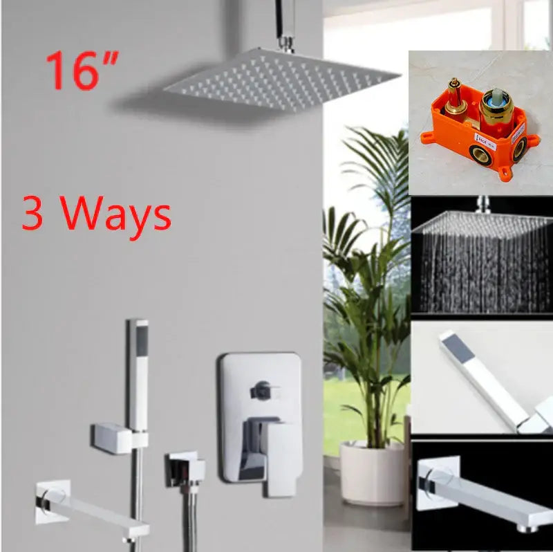 Modern square chrome shower set bathroom rainfall head
