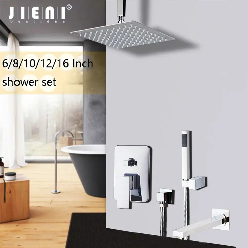 Modern square chrome shower set bathroom rainfall head
