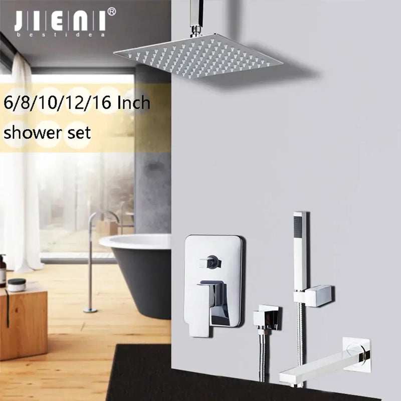 Modern square chrome shower set bathroom rainfall head