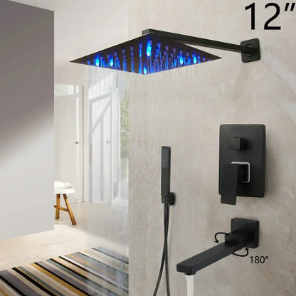 Matte black led rainfall shower set with handheld spray for bathroom