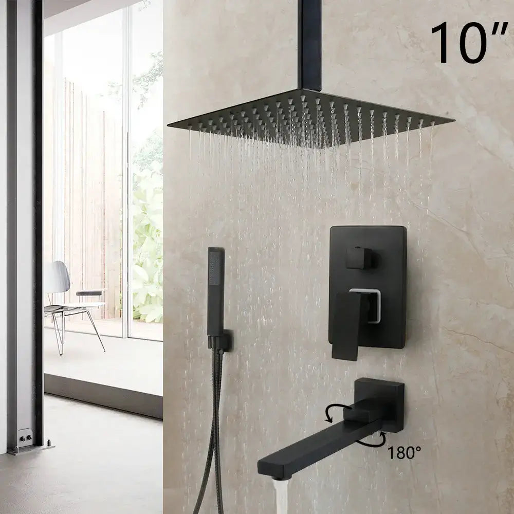 Matte black led rainfall shower set with handheld spray for bathroom
