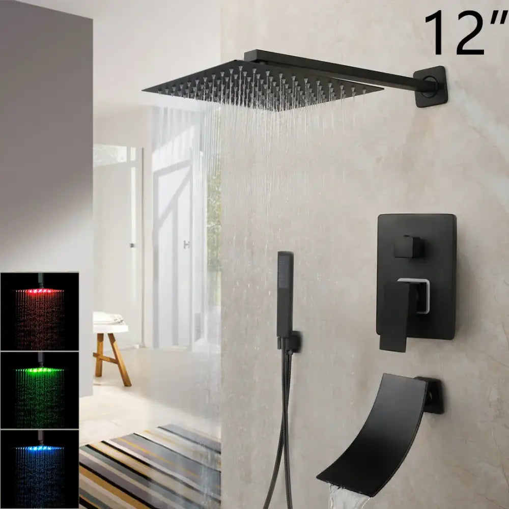 Matte black led rainfall shower set with handheld spray for bathroom