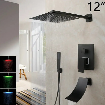Matte black led rainfall shower set with handheld spray for bathroom