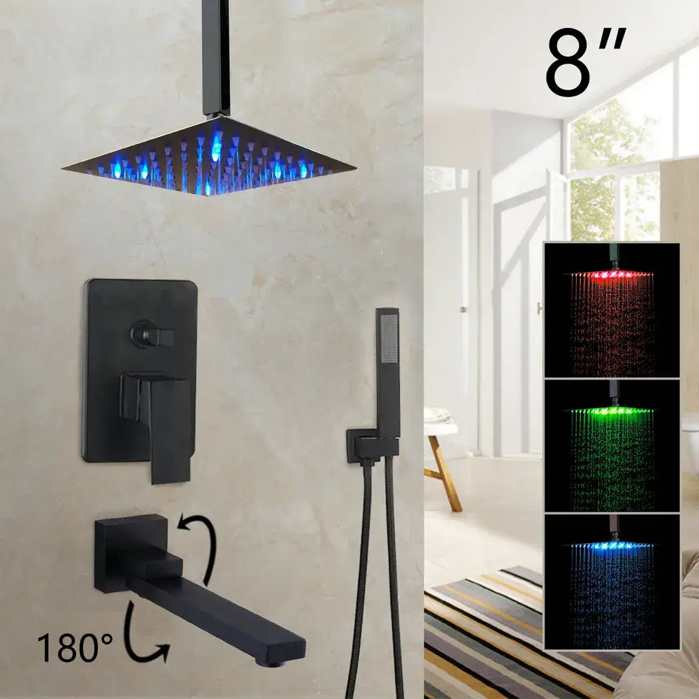 Matte black led rainfall shower set with handheld spray for bathroom