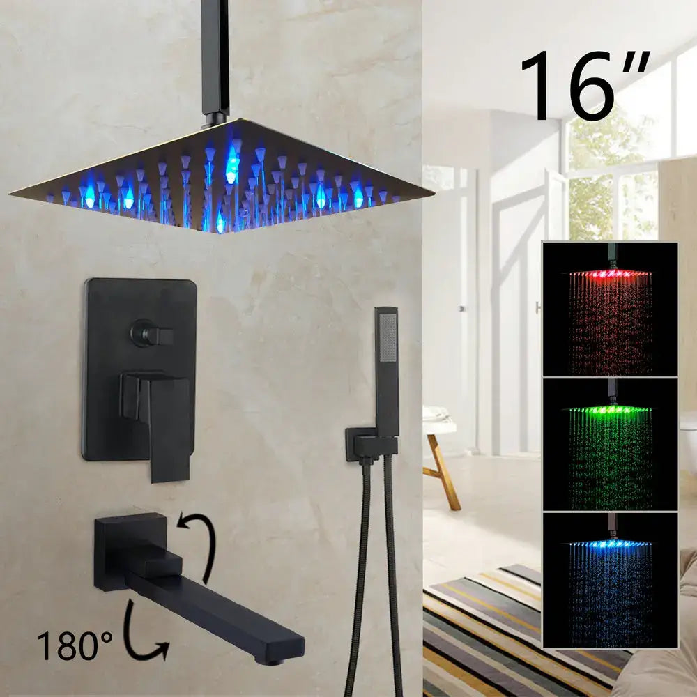 Matte black led rainfall shower set with handheld spray for bathroom