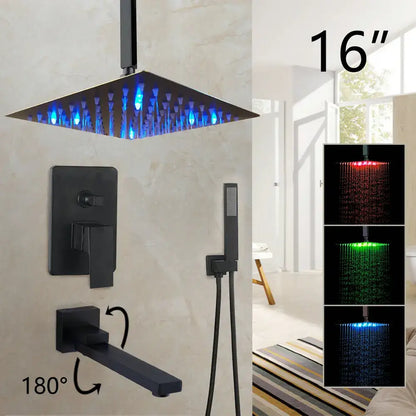 Matte black led rainfall shower set with handheld spray for bathroom