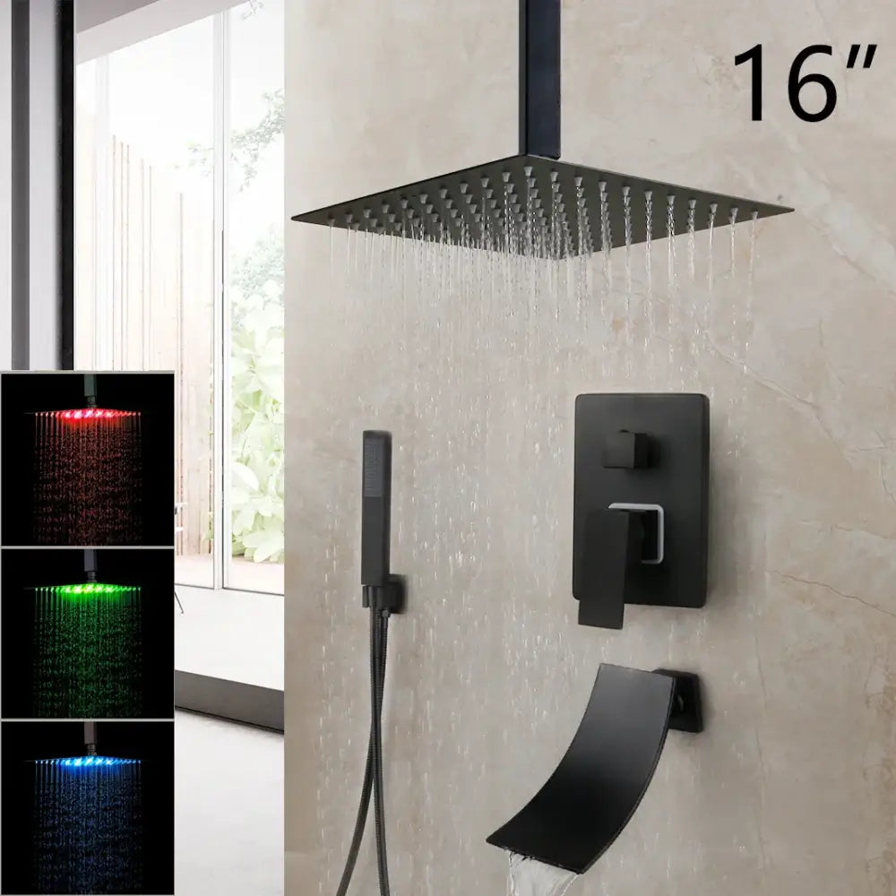 Matte black led rainfall shower set with handheld spray for bathroom