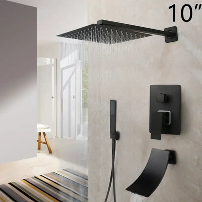 Matte black led rainfall shower set with handheld spray for bathroom