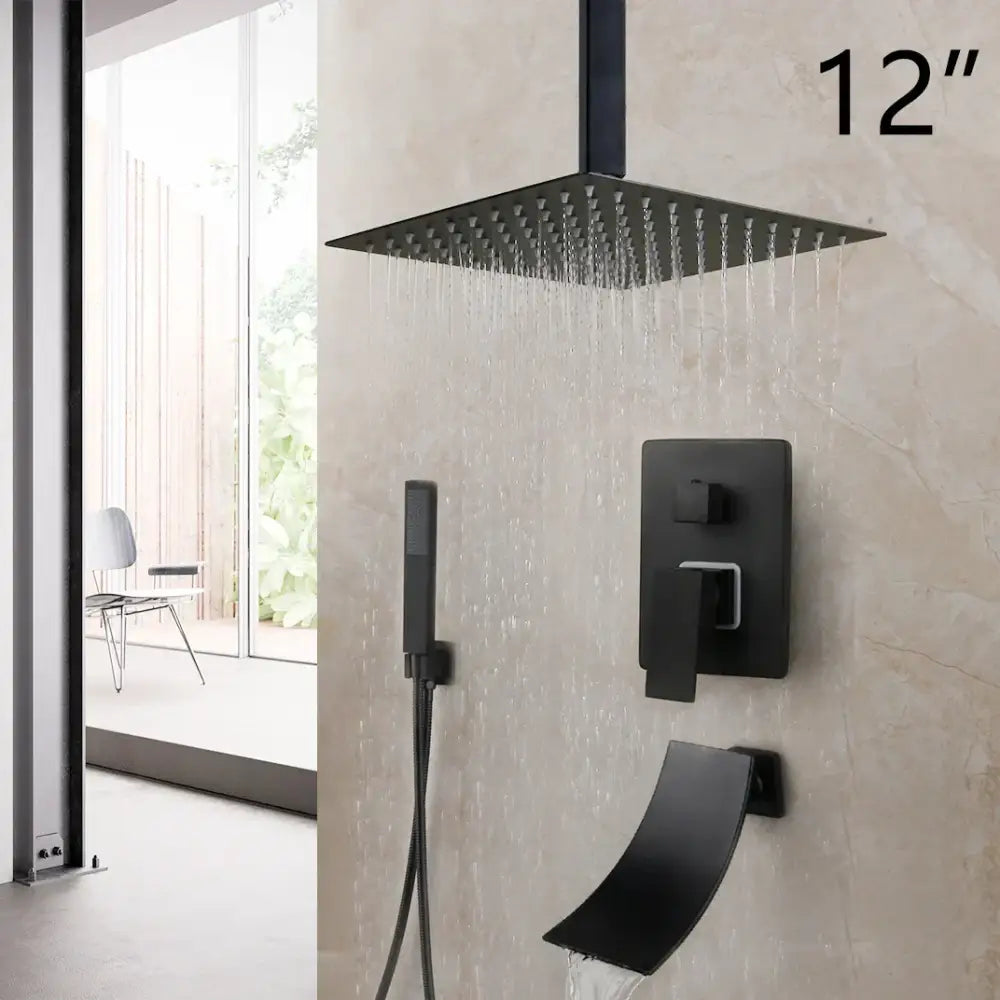 Matte black led rainfall shower set with handheld spray for bathroom