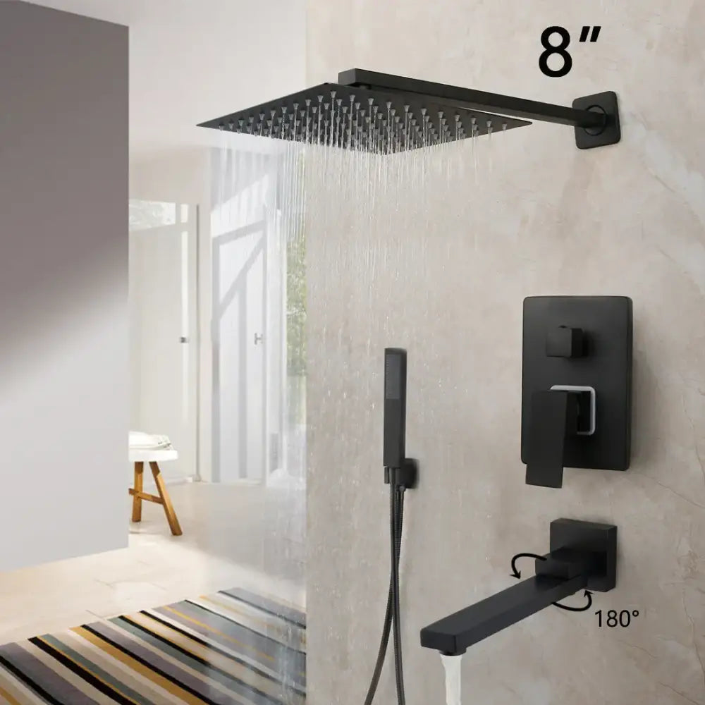 Matte black led rainfall shower set with handheld spray for bathroom