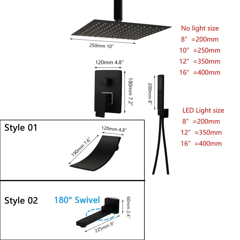 Matte black led rainfall shower set with handheld spray for bathroom