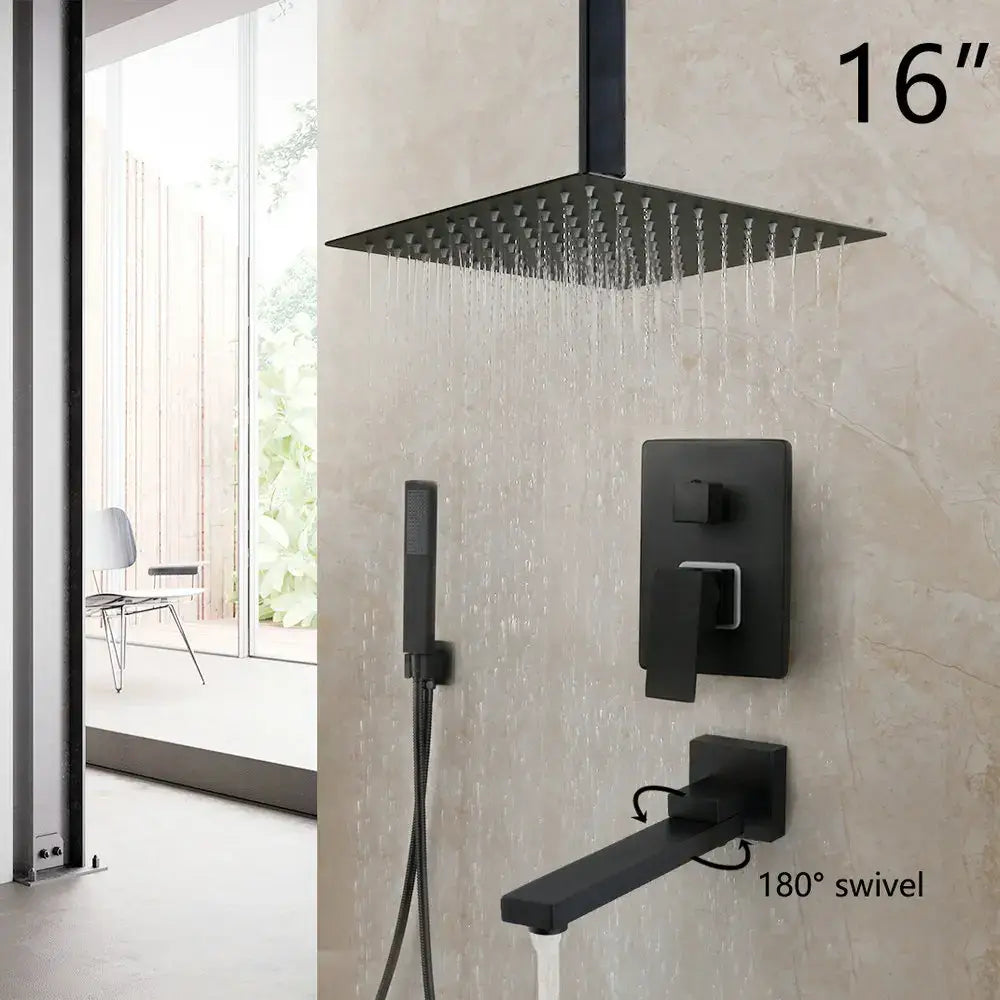 Matte black led rainfall shower set with handheld spray for bathroom
