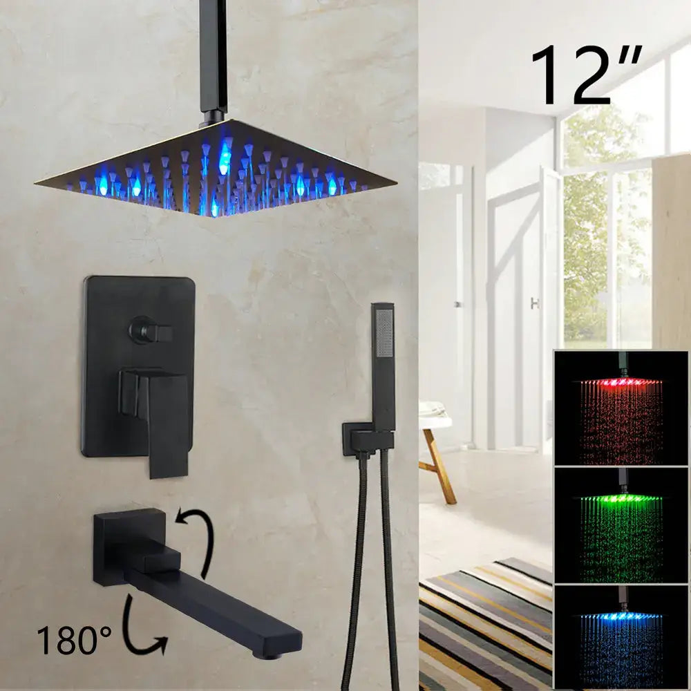 Matte black led rainfall shower set with handheld spray for bathroom