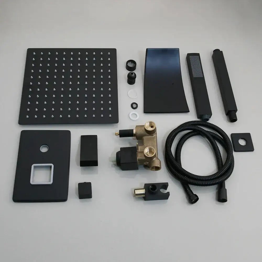 Matte black led rainfall shower set with handheld spray for bathroom