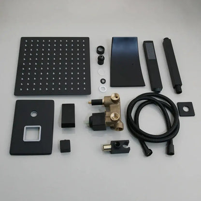 Matte black led rainfall shower set with handheld spray for bathroom
