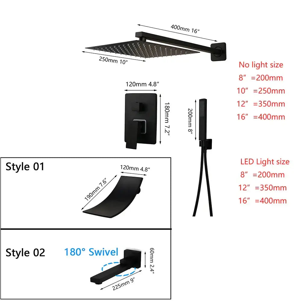 Matte black led rainfall shower set with handheld spray for bathroom
