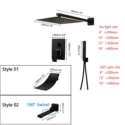 Matte black led rainfall shower set with handheld spray for bathroom
