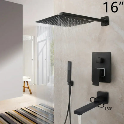 Matte black led rainfall shower set with handheld spray for bathroom