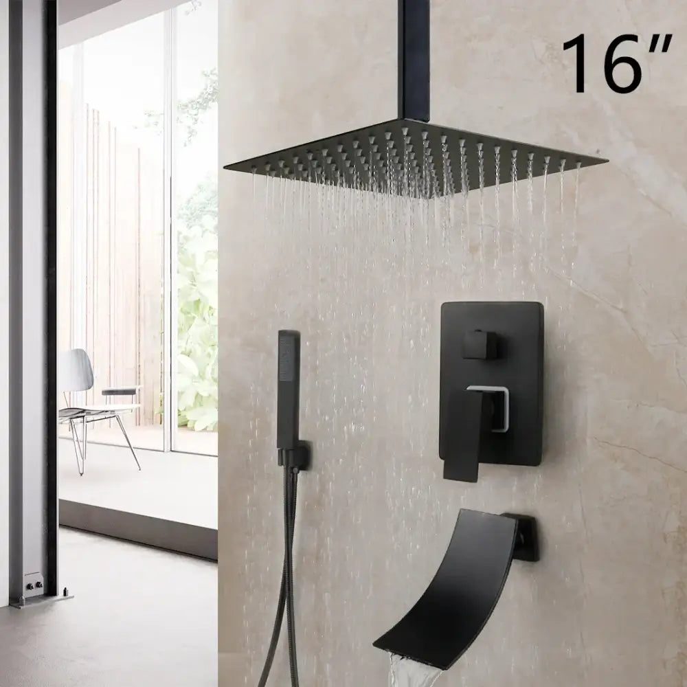 Matte black led rainfall shower set with handheld spray for bathroom