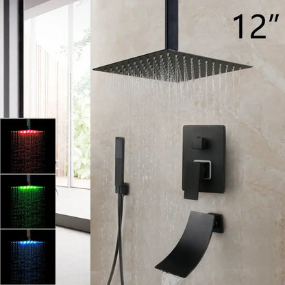 Matte black led rainfall shower set with handheld spray for bathroom