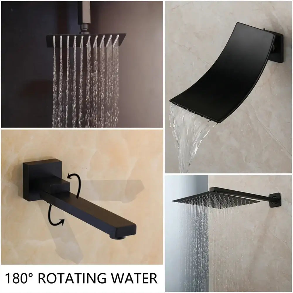 Matte black led rainfall shower set with handheld spray for bathroom