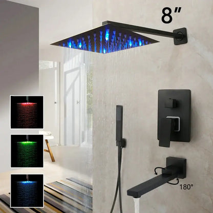 Matte black led rainfall shower set with handheld spray for bathroom