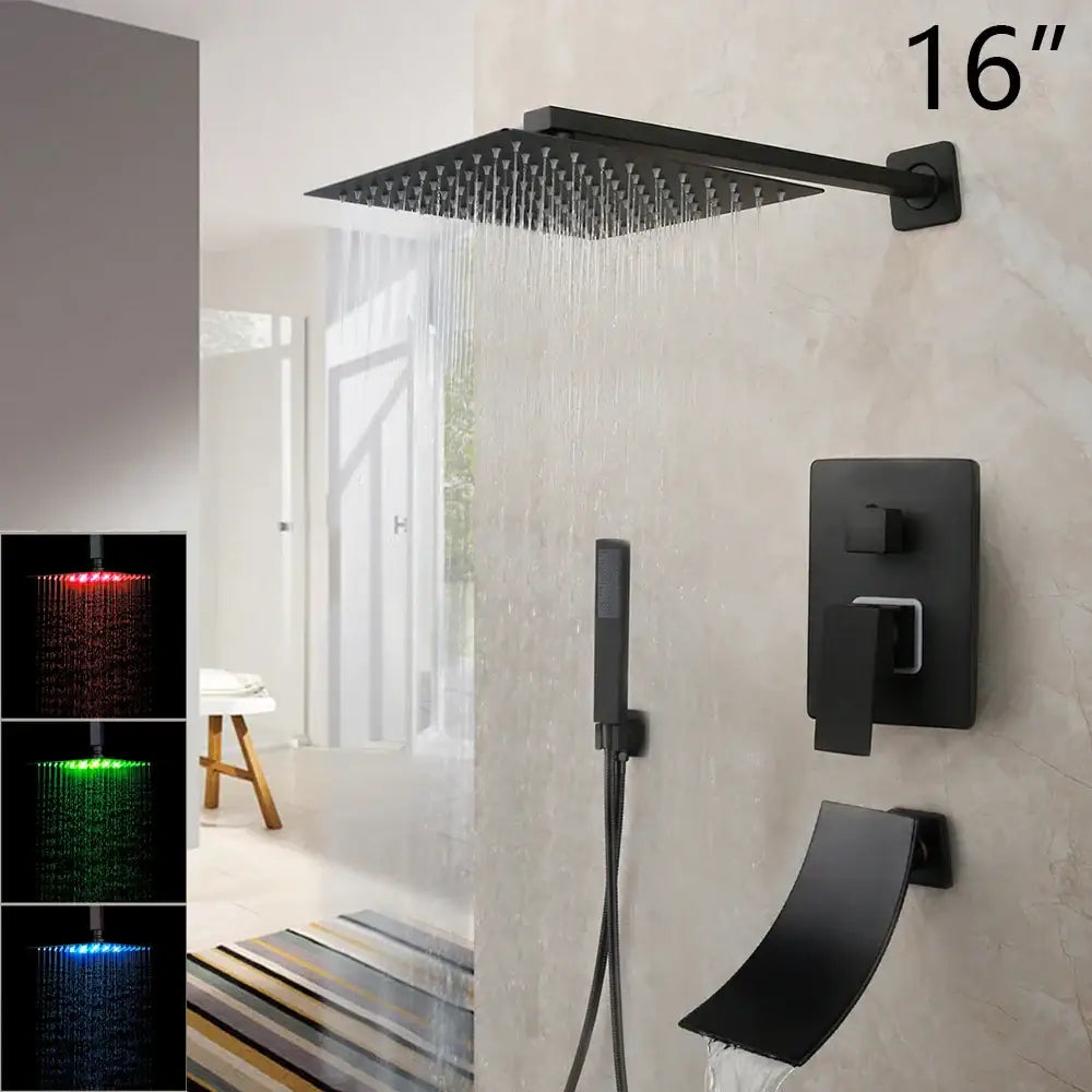 Matte black led rainfall shower set with handheld spray for bathroom