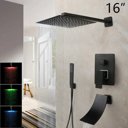 Matte black led rainfall shower set with handheld spray for bathroom