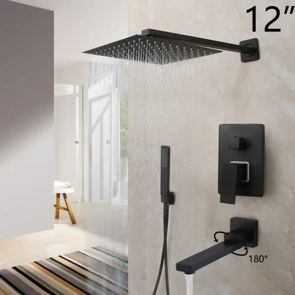 Matte black led rainfall shower set with handheld spray for bathroom