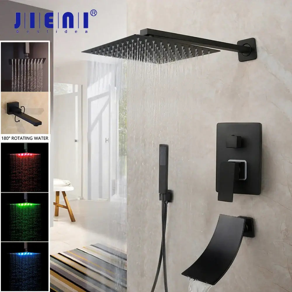 Matte black led rainfall shower set with handheld spray for bathroom