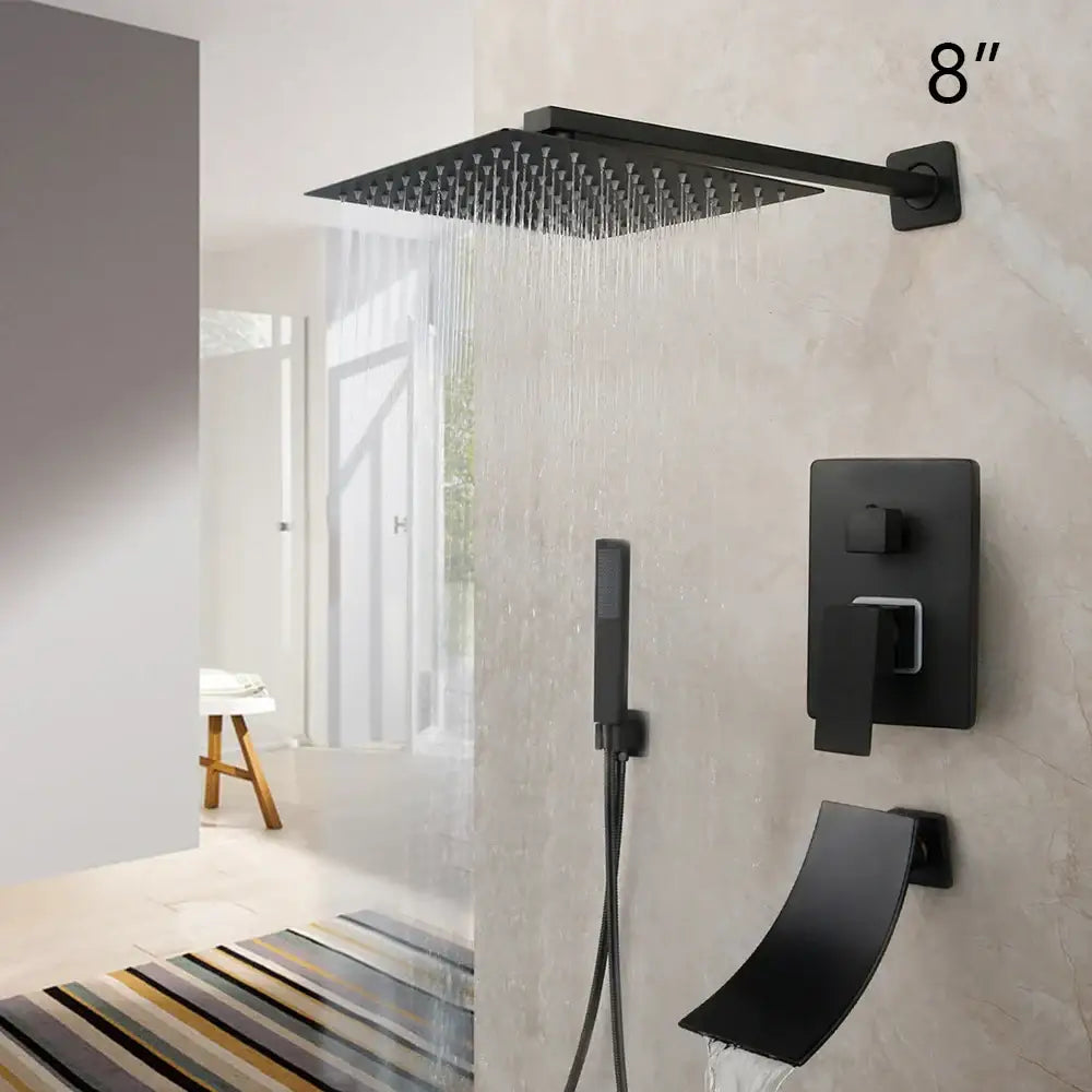 Matte black led rainfall shower set with handheld spray for bathroom