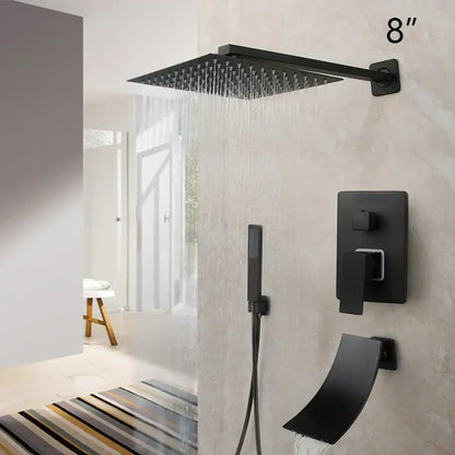 Matte black led rainfall shower set with handheld spray for bathroom