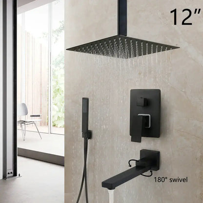 Matte black led rainfall shower set with handheld spray for bathroom