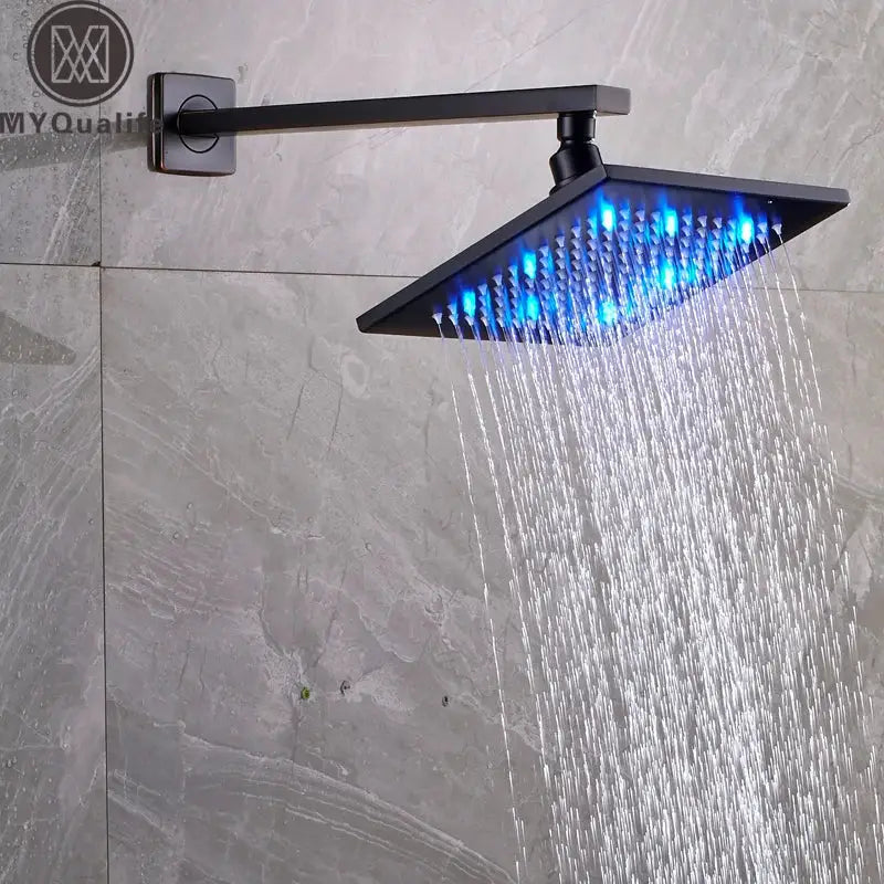 Modern black brass square led rainfall shower head for bathroom