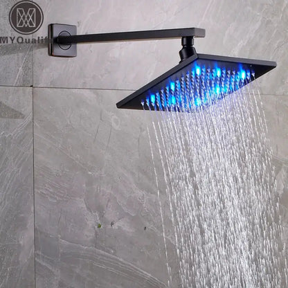 Modern black brass square led rainfall shower head for bathroom