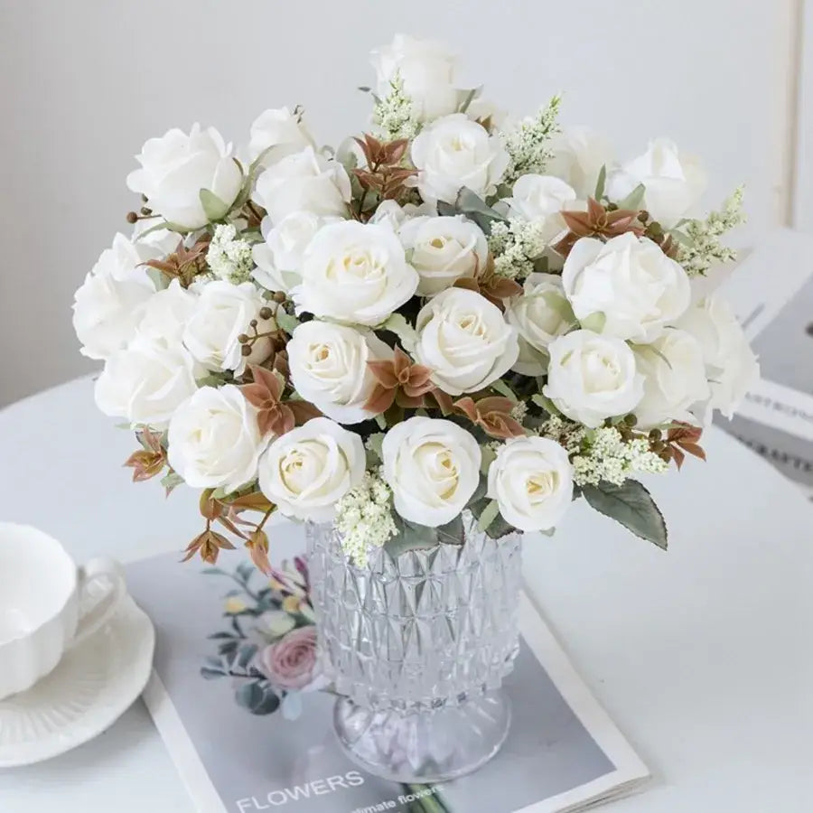 White rose and brown leaf peony silk bouquet wedding home decoration