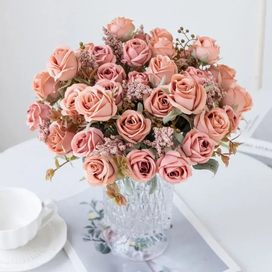White rose and brown leaf peony silk bouquet wedding home decoration