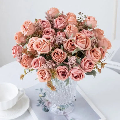 White rose and brown leaf peony silk bouquet wedding home decoration
