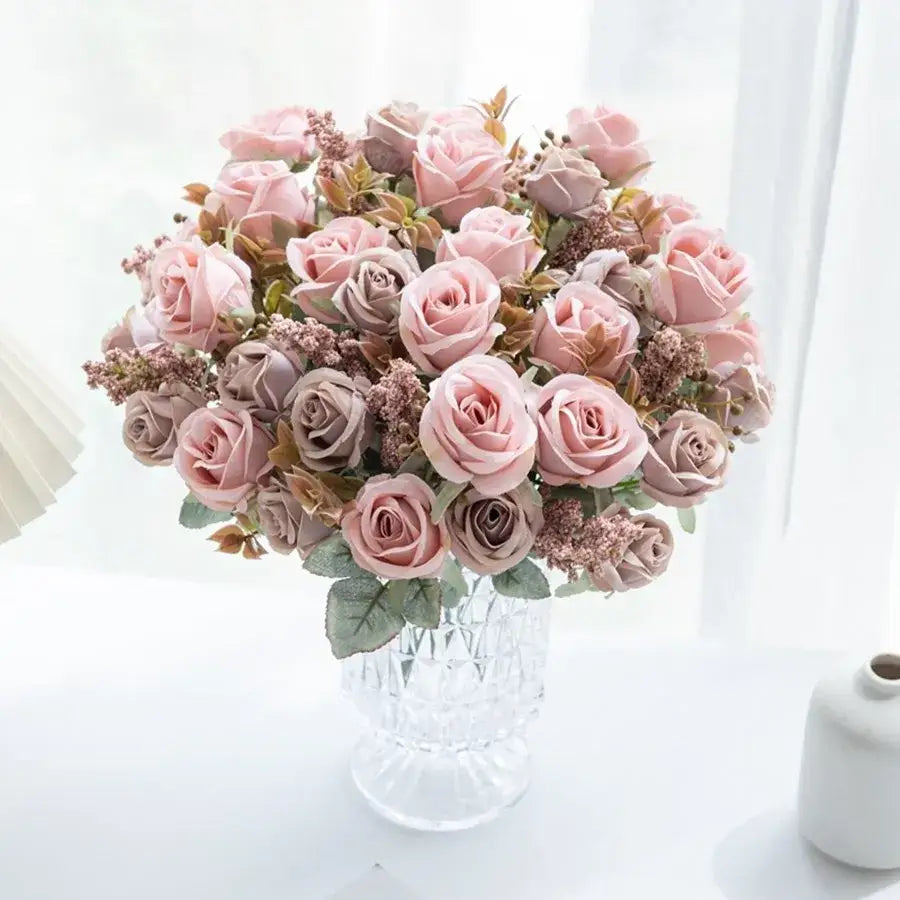 White rose and brown leaf peony silk bouquet wedding home decoration